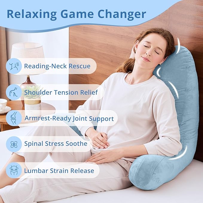 Sasttie 25-inch Reading Pillows for Sitting in Bed Adult, Jumbo Velvet Back Pillow Bed Sitting Up, XL High Back-Rest Support Cushion for Sit Up on Couch & Floor, Oeko-Tex Certified, Dusty Blue