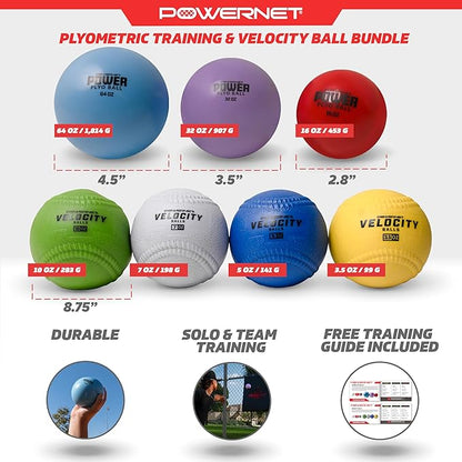 PowerNet Power Plyometric Training and Velocity Weighted Ball Bundle, Softball & Baseball Training Equipment to Increase Velocity & Strength, Sand-Filled Mixed Size and Weighted Balls