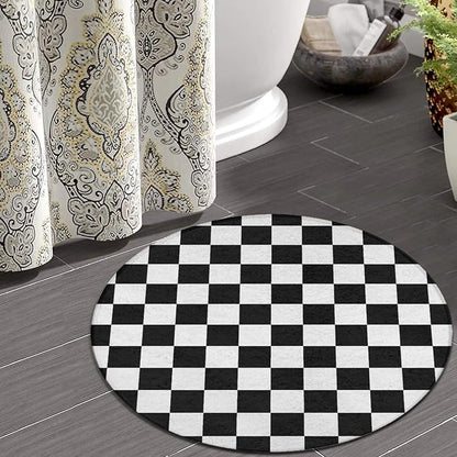 Soft Round Yoga Carpet, Large Home Decor Mat, Non-Slip Machine Washable Kitchen Office Circle Rug Compatible with Race Checkerboard Checkered Black and White