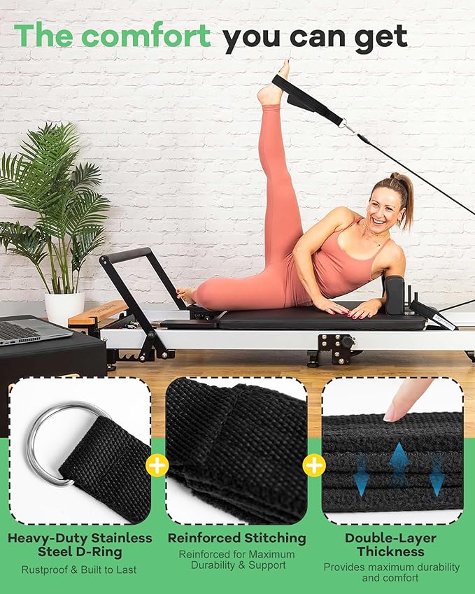 Wonderful Day 2PCS Pilates Straps for Reformer, Comfortable Enhanced Thickness, Fitness D-Ring Double Loop Exercise Straps for Home Gym Workout (Black)