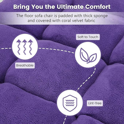Moccha 14-Position Floor Chair, Folding Sofa Chair with Back Support, Memory Foam Floor Gaming Chairs for Adults, Adjustable Padded Couch Recliner Sleeper Bed for Reading, Meditating, Purple