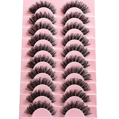 Lashes False Wispy Eyelashes Natural Cat Eye Lash Strips 10 Pairs Fake Mink Eyelash Pack Natural Look Fluffy Strip Lashes Set Clear Band Easy Eyelashes for Beginners with Cluster Looking