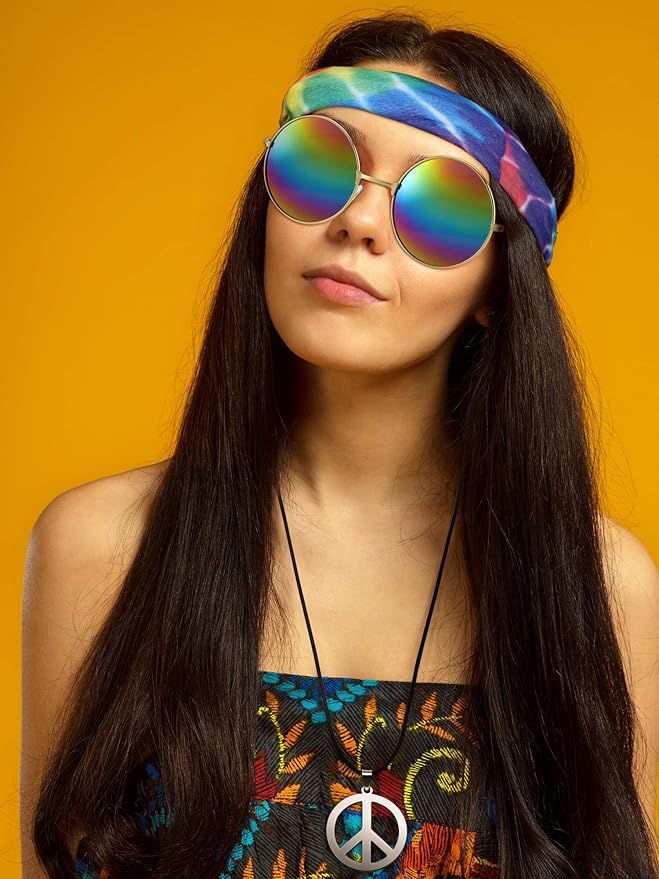 Norme 3 Pcs Hippie Costume Accessories 70s Peace Sign Necklace Tie Dye Hippie Headband Sunglasses Halloween Party Decor