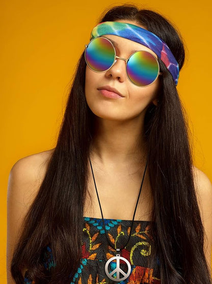 Norme 3 Pcs Hippie Costume Accessories 70s Peace Sign Necklace Tie Dye Hippie Headband Sunglasses Halloween Party Decor