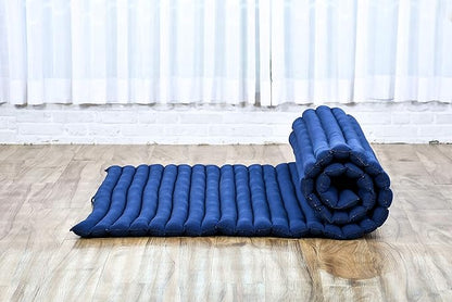 Leewadee - Kapok Roll Mat – Handcrafted Folding Sleep & Relaxation Mattress from Thailand, Ideal as Guest Bed, Camping Mat, Yoga Mat or Traditional Futon, 75 x 39 inches, Blue