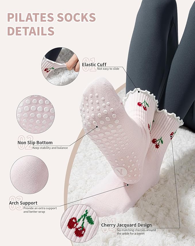 Yawlsow Pilates Grip Socks for Women Yoga Grippy Socks Cute Barre Non Skid Athletic Crew Sticky Sock Workout Hospital