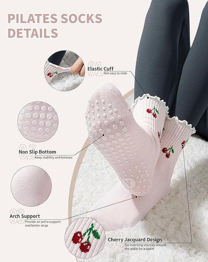 Yawlsow Pilates Grip Socks for Women Yoga Grippy Socks Cute Barre Non Skid Athletic Crew Sticky Sock Workout Hospital