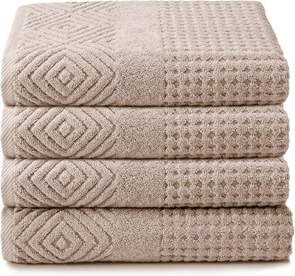 Texere 100% Organic Cotton Diamond Jacquard 700 GSM Luxury Bath Towel Sets - Ultra Soft and Absorbent Hotel and Spa Quality (Diamond, Oxford Tan, 4 Bath Towels)