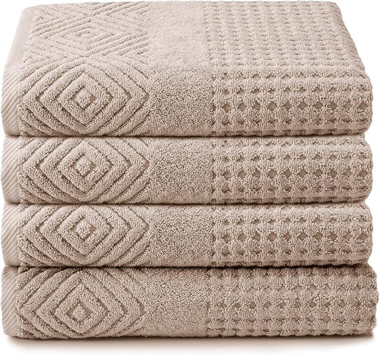 Texere 100% Organic Cotton Diamond Jacquard 700 GSM Luxury Bath Towel Sets - Ultra Soft and Absorbent Hotel and Spa Quality (Diamond, Oxford Tan, 4 Bath Towels)