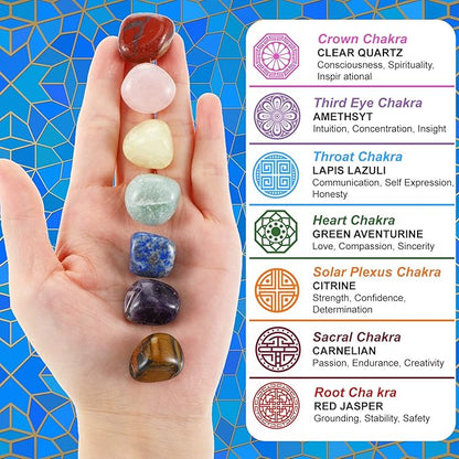 BBTO Tibetan Singing Bowls Set for Healing 3.4'' Meditation Sound Bath Bowl 7 pcs Chakra Crystal Stones Mallet Cushion Chakra Bracelet Pendant(Blue)