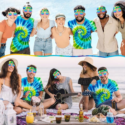 Hippie Costume for Men Women 4PCS Mens 60s 70s Outfit Set Colorful Hippie Shirt Sunglasses Headband Peace Necklace