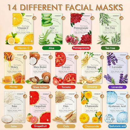 70 Pack Sheet Face Masks Skincare, Hydrating Face Masks Suitable for All Skin Types, Bulk Facial Mask Gifts Set for Women Skin Care, Home Skincare Spa for Sensitive Skin