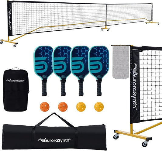 AuroraSynth Portable Pickleball Net Set with Wheels, 22 x 3ft Regulation Size Pickle Ball Net with Ball Collector, 4 Pickle Balls, 4 Pickleball Paddles, Carry Bag for Backyards, Driveway, Garage