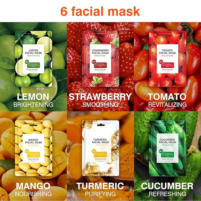 Face Mask Skincare - 6 Sheet Masks, Spa Party Face Masks, Natural Ingredients, Moisturizing & Soothing - Suitable for All Skin Types