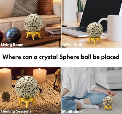 Amazing Gemstone Dalmatian Jasper Crystal Ball with Stand - 2 Inches Crystal Sphere Meditation Balls for Witchcraft and Decorative Balls