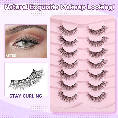 Cat Eye Lashes Natural Eyelashes 16MM False Eyelashes Wispy with Thin Band 3D Volume False Lashes Soft Lash Strips C Curl Fake Lash 7 Pair EVENTILL