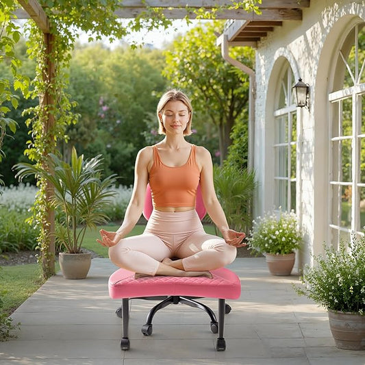Furmax Ergonomic Criss Cross Legged Office Chair with Wheels, 360°Swivel Adjustable Height Kneeling Desk Chair with Footrest for ADHD, Yoga, Meditation, Home Office (Leather, Pink)