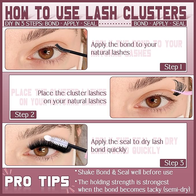 Cluster Lashes Volume Lash Clusters D Thick Eyelashes Extensions 14-16mm Mix 80D+100D Individual Lashes Thin Band Lash Bond and Seal Tweezers for DIY Lash Extension Beginners