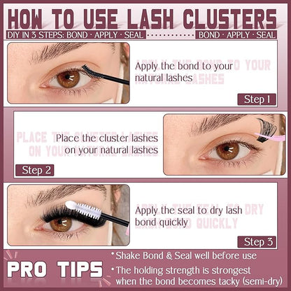 Cluster Lashes Volume Lash Clusters D Thick Eyelashes Extensions 14-16mm Mix 80D+100D Individual Lashes Thin Band Lash Bond and Seal Tweezers for DIY Lash Extension Beginners