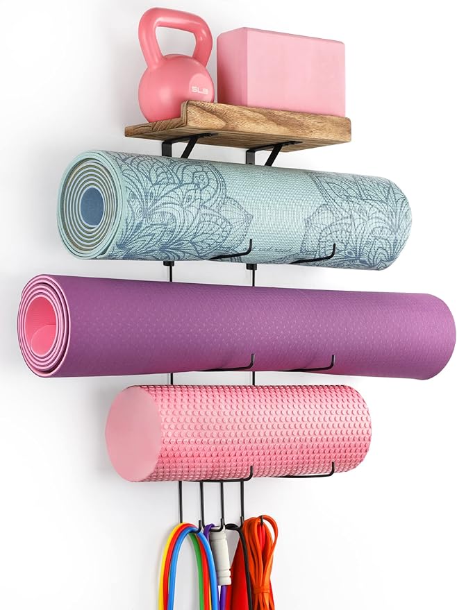 VINAEMO Yoga Mat Holder Accessories Wall Mount Organizer Storage Decor Foam Roller and Towel Storage Rack with 4 Hooks and Wooden Shelves Yoga Mats Rack Resistance Bands for Home Gym School Office