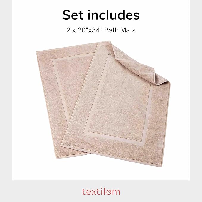 TEXTILOM Luxury 2 Pack Banded Cotton Bath Mats for Bathroom Floor [ Hotel, Spa, Tub, Shower Bath Mat Floor Towel Set ], Machine Washable & Soft & Absorbent & Quick Dry (20''x34'')- Beige