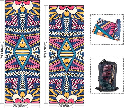 QiyI Yoga Mat Towel with Corner Pockets, Non Slip Sweat Absorbent Hot Yoga Towels, Soft Yoga Blankets with Travel Bag, Skidless Mat Cover for Workout, Gym, Fitness - 70"x26", Festival Mandala