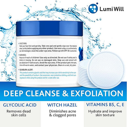 Glycolic Acid Pads - Exfoliating Pads with Glycolic Acid, Vitamins B5, C, E & Menthol - Peel Pads for Acne - Anti-Aging Glycolic Acid Resurfacing Pads for Fine Lines and Wrinkles - 50 Pads