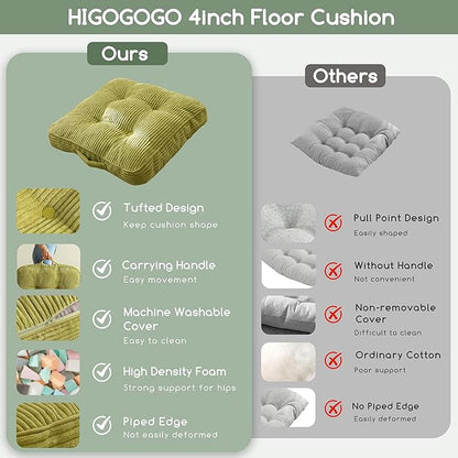 HIGOGOGO Washable Floor Pillow Cushion for Adults, Meditation Cushion Pillow, Large Square Floor Sitting, Removable Tufted Corduroy Cover, for Tatami Living Room or Yoga, 22x22 Inch, Machine Washable