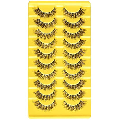 Lashes Wispy False Eyelashes Natural Fake Lashes with Clear Band 10 Pairs Cat Eye Lashes Pack Reusable Lashes Natural Look Short Wispies Mink Eyelash Strips Cateye Lashes for Women