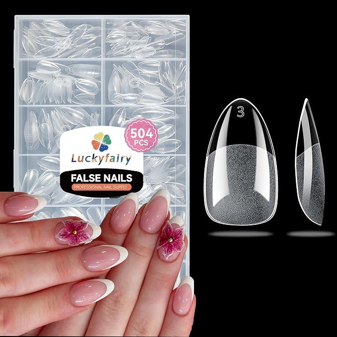 Short Almond Nail Tips: 504pcs Soft Gel Nail Tips Pre Etched Short Fake Nails, Half Matte Full Cover Clear Press on Nails for Nail Extension DIY Home, 12 Sizes Acrylic Gelly Tips