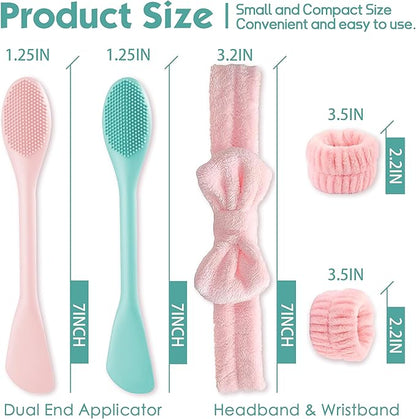 Facial Cleansing Brush, 2 in 1 Silicone Face Mask Brush & Face Scrubber, Face Wash Headband and Wristband Set，5 Pieces (Green&Pink+Pink)