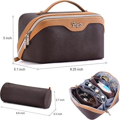 BOYATU Travel Makeup Bag Organizer Cosmetic Bag: 3 Pcs Set Make up Bags for Women with Handle - Waterproof Vegan Leather Toiletry Bags Travel Essentials Pouch with Compartments (G-01-Brown)