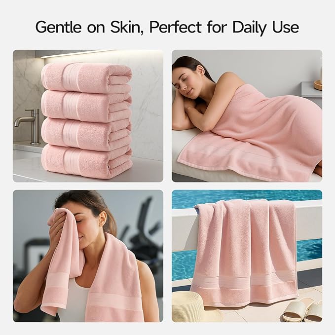 REDKISS Pink Bath Towels Set of 4, Extra Large Bath Sheets 27 X 59 Inches, 100% Cotton, 600 GSM, Quick Dry, Ultra Soft & Super Absorbent Bathroom Towel Sets for Bathroom, Gym, Spa, Pool & Hotel