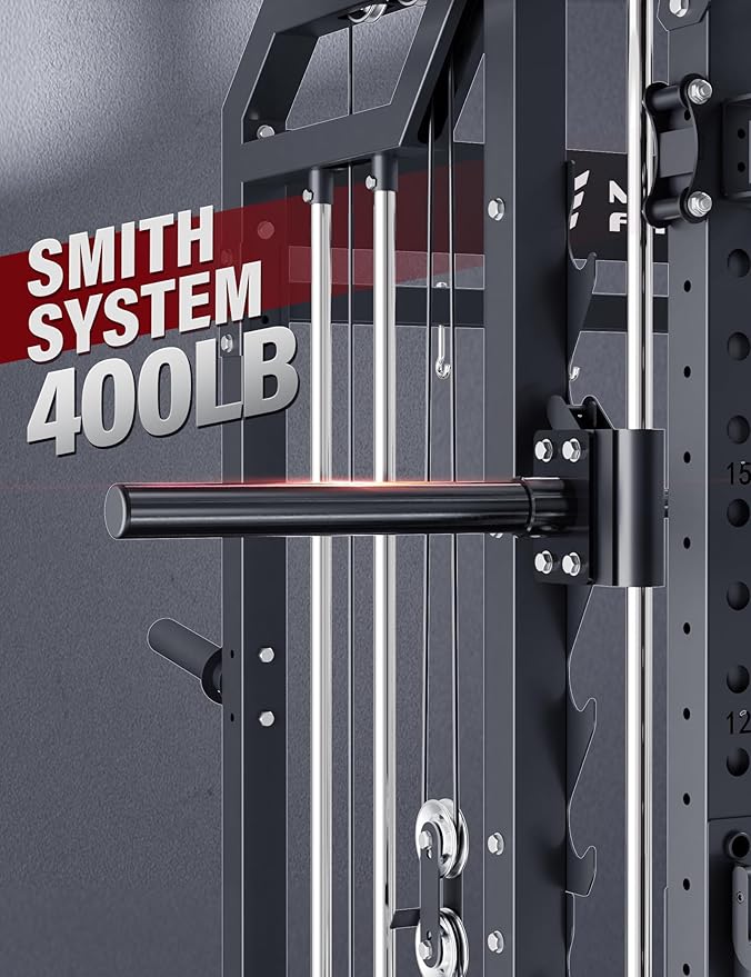 Major Fitness Smith△ Machine Drone2 Premium, All-in-One Home Gym Squat Rack with Aluminum Pulley Set , Weight Bar, Dual LAT Pull-Down Systems & Cable Crossover Machine for Full-Body Workouts