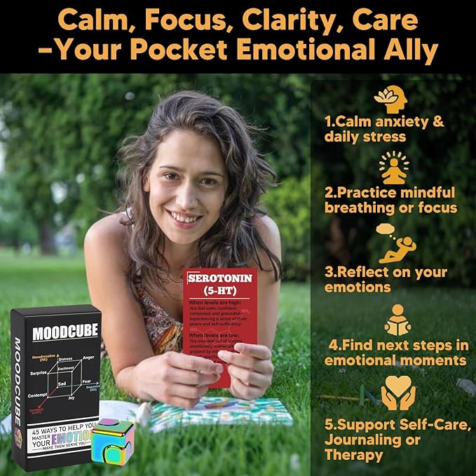 Anxiety & Stress Relief Cards with MoodCube Spinner – Science-Based Self Care & Emotion Therapy Tools, Mindfulness Gift for Women, Teens & Adults | Mental Health Support for Calm & Focus