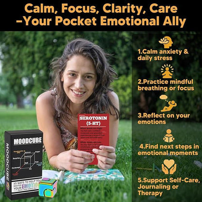Anxiety & Stress Relief Cards with MoodCube Spinner – Science-Based Self Care & Emotion Therapy Tools, Mindfulness Gift for Women, Teens & Adults | Mental Health Support for Calm & Focus