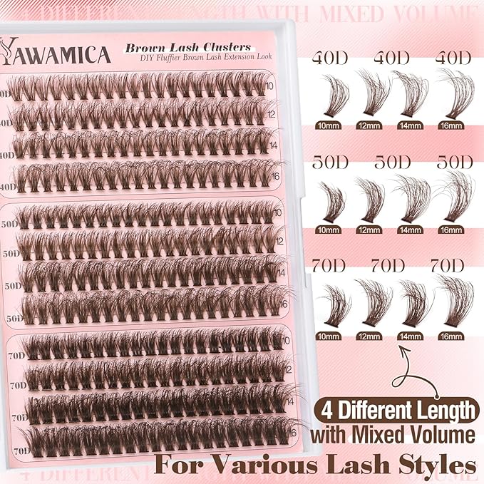 Yawamica Brown Lash Clusters Kit Fluffy Eyelash Extension Kit 40D 50D 70D Volume Eyelash Clusters 10-16mm Individual Lashes D Curly Cluster Lashes DIY Lash Extension Kit with Bond and Seal Tweezers