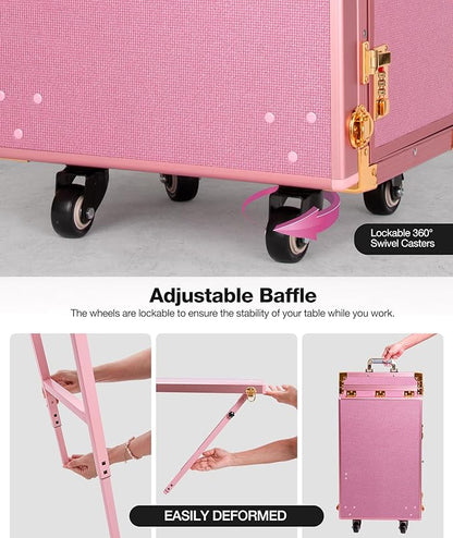 Icoget Portable Nail Table, Rolling Manicure Table w/3 Color Light and Speaker, Portable Nail Tech Desk, Foldable Nail Travel Case for Nail Tech w/Wheel, Colorful Pink