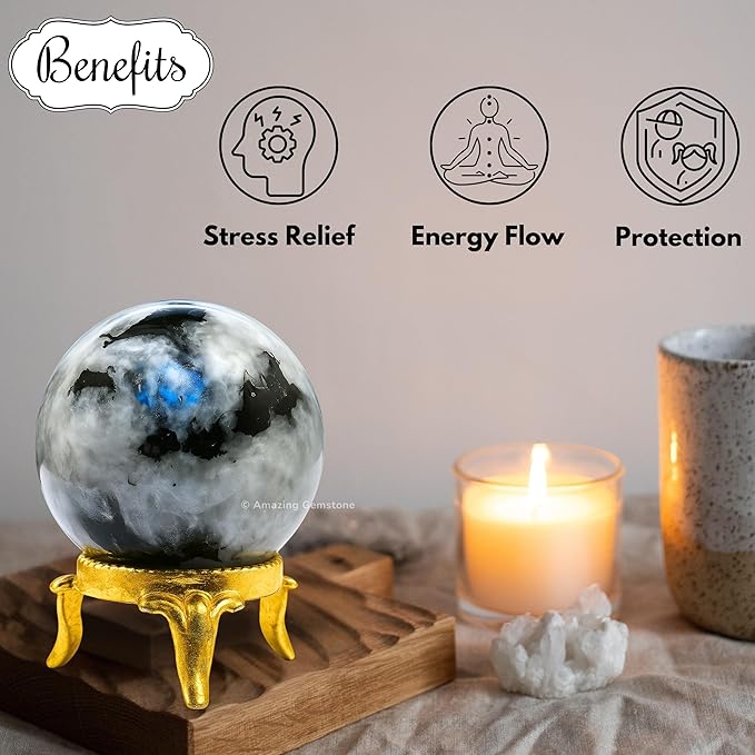 Amazing Gemstone Rainbow Moonstone Crystal Ball with Stand - 2 Inches Crystal Sphere Meditation Balls for Witchcraft and Decorative Balls