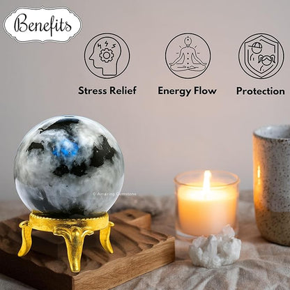 Amazing Gemstone Rainbow Moonstone Crystal Ball with Stand - 2 Inches Crystal Sphere Meditation Balls for Witchcraft and Decorative Balls