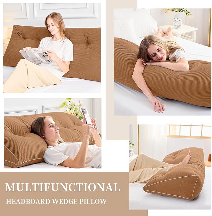 Sasttie Headboard Pillow Twin/Twin XL, Wedge Pillow Headboard for Dorm, Triangular Daybed Backrest Cushion for Sitting or Reading in Bed, with Removable Washable Cover, Caramel