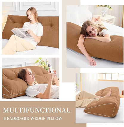 Sasttie Headboard Pillow Full, Wedge Pillow Headboard for Sitting Up in Bed, Back-Rest Support Triangular Cushion for Reading - Features Removable Washable Cover, Caramel