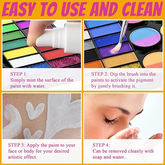 Face Painting Kit Professional, Water Based Face Paint Kit, Non Toxic Face Paint Palette with Body Glitter Gel, Neon Face Paint, Glitter Face Paint & 10 Face Paint Brushes for Halloween, Easter