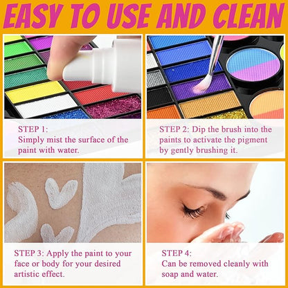 Face Painting Kit Professional, Water Based Face Paint Kit, Non Toxic Face Paint Palette with Body Glitter Gel, Neon Face Paint, Glitter Face Paint & 10 Face Paint Brushes for Halloween, Easter