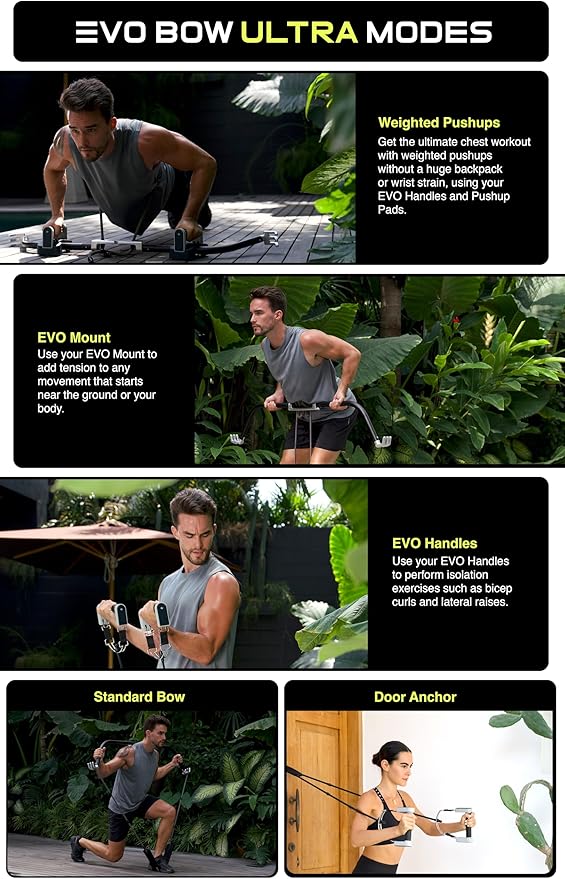 EVO Bow - All in One Portable Home Gym System | Compact Strength Training and Exercise Equipment for Travel with Notched Resistance Bands for Full Body Training and Weighted Pushups | 300lbs
