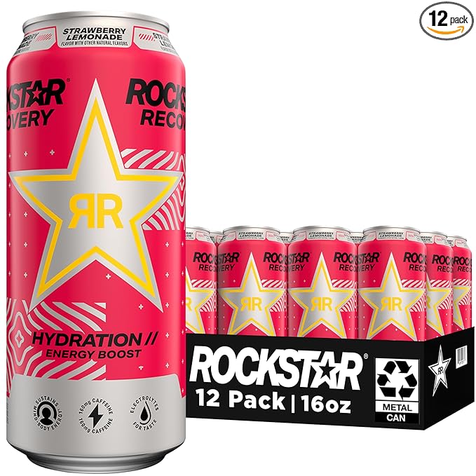 Rockstar Recovery Strawberry Lemonade, 16 Fl Oz (Pack of 12) (Packaging and Formula May Vary)