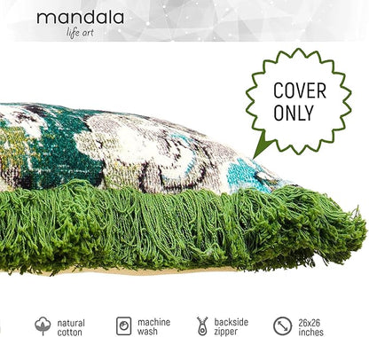 Mandala Life ART Meditation Pillow Cover with Fringe- 26 inches - Cotton - Square Floor Cushion - Kids Room Decor - Bohemian Accent - Boho Zafu Pouf