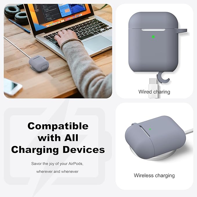 R-fun Compatible with AirPods Case Cover, Soft Silicone Protective Cover with Keychain for Women Men Compatible with Apple AirPods 2nd 1st Generation Charging Case, Front LED Visible,Dark Grey