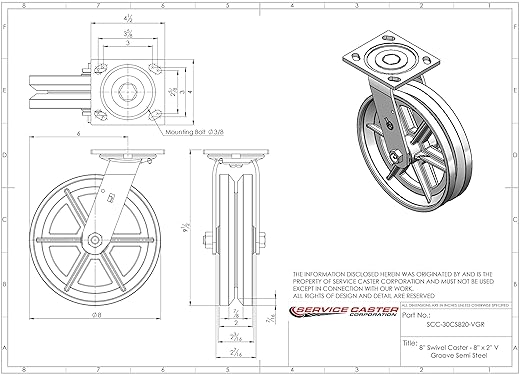 V Groove Semi Steel Cast Iron Swivel Top Plate Heavy Duty Caster with 8 Inch Wheel – 1,250 lbs. Capacity/Caster - Service Caster Brand