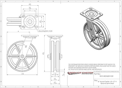 V Groove Semi Steel Cast Iron Swivel Top Plate Heavy Duty Caster with 8 Inch Wheel – 1,250 lbs. Capacity/Caster - Service Caster Brand